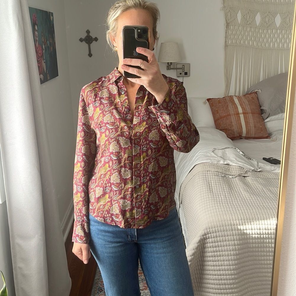 J Crew Silk Button Down Shirt Womens Size 6 Paisley Red Gold - Picture 2 of 8